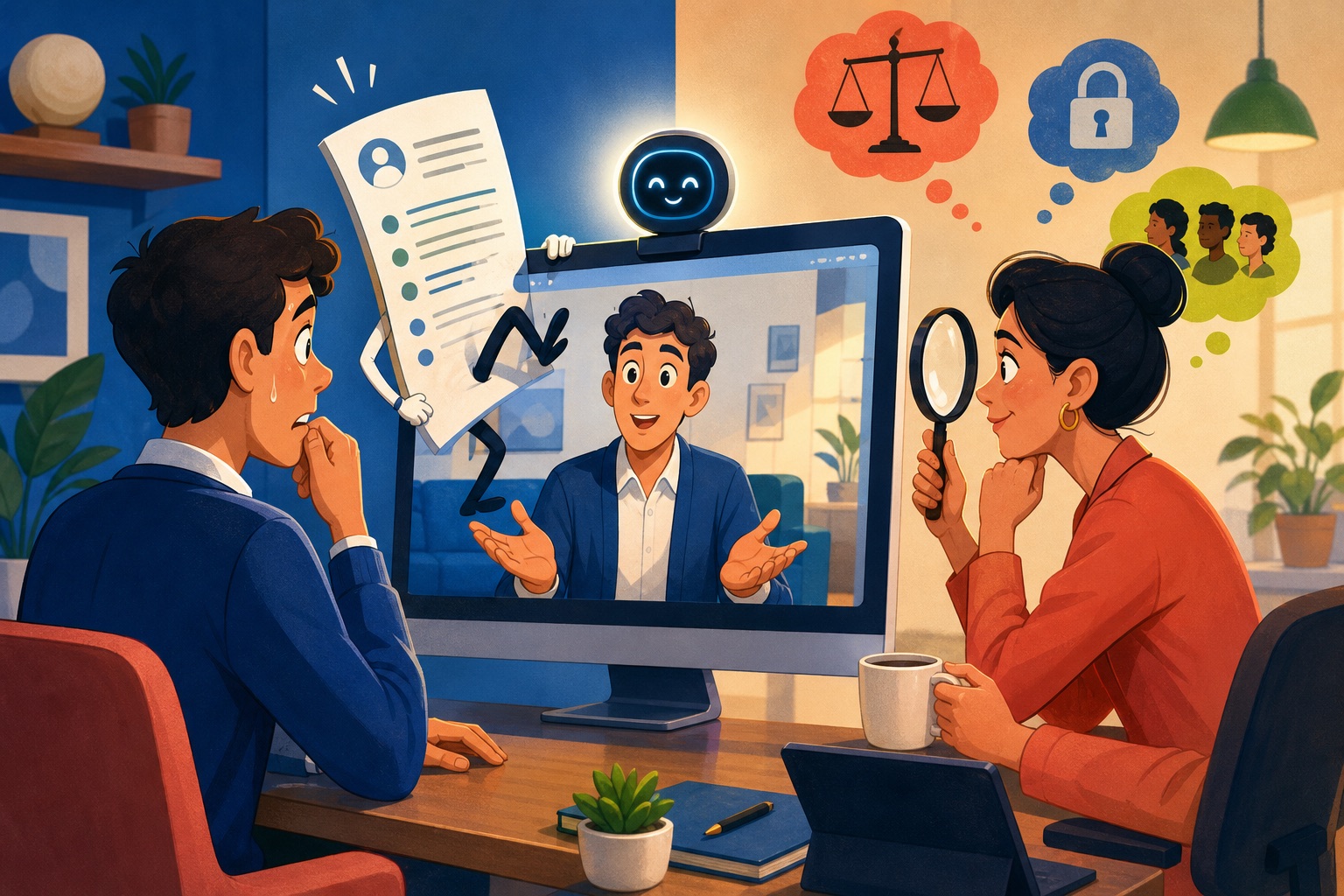 Editorial illustration of an AI video interview balancing a candidate's story with hiring scrutiny