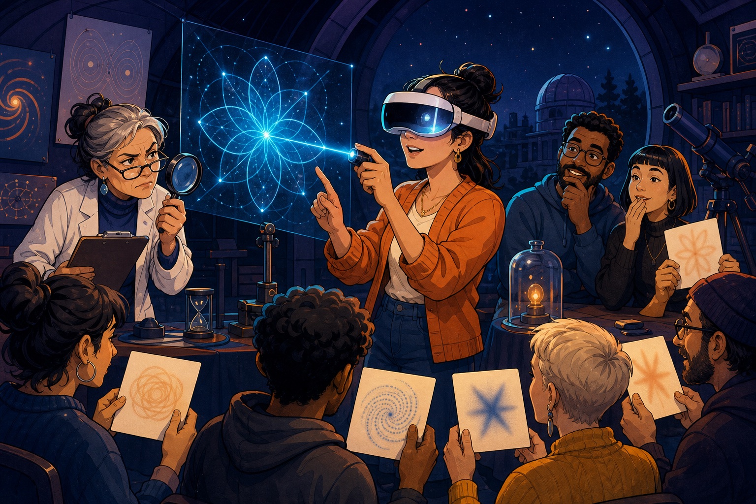 Editorial illustration of researchers comparing a spatial-computing light pattern with subjective reports